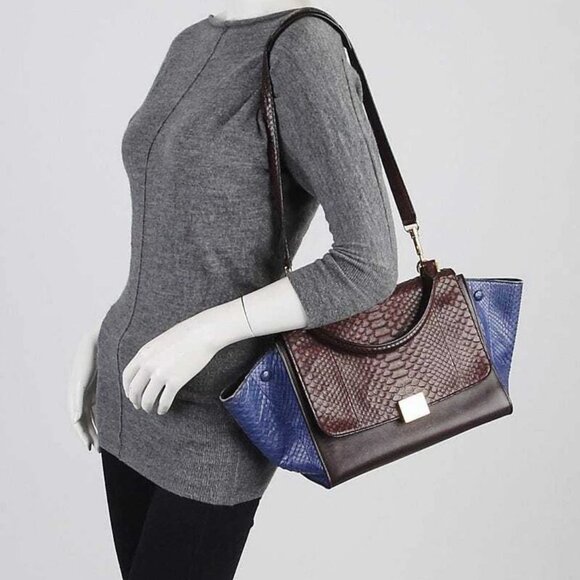 Celine Brown/Blue Python and Calfskin Leather Small Trapeze Bag - Picture 2 of 12